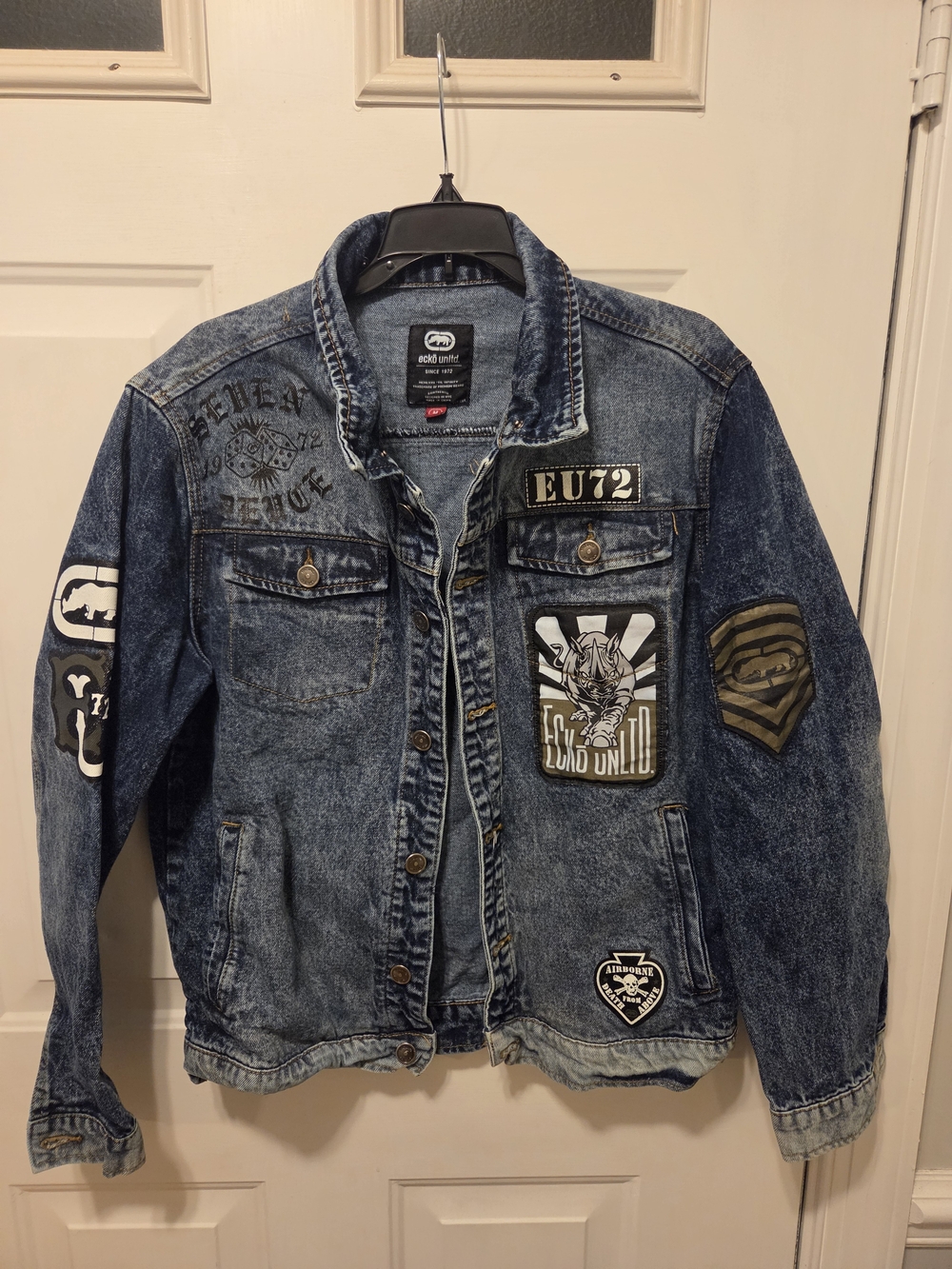 Ecko Unlimited Distressed Blue Denim Jacket with Patch Accents